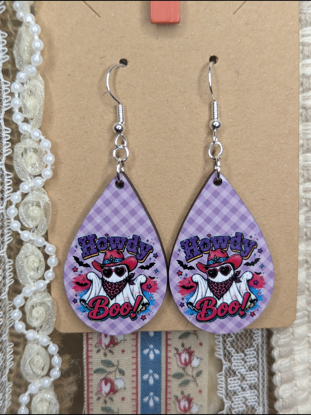 Western "Howdy" Halloween Ghost Teardrop Earrings